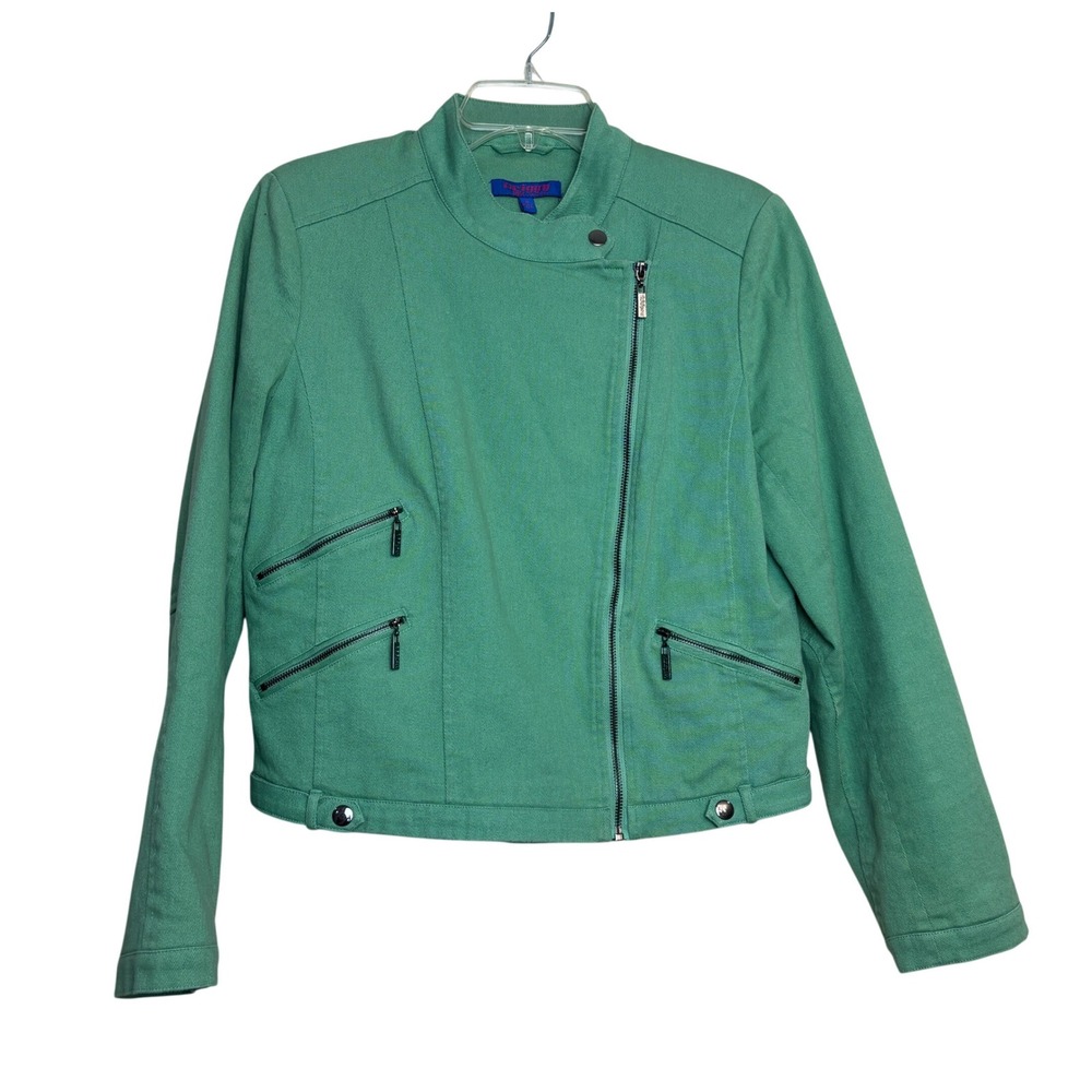 Twiggy‎ London Moto Jacket Women Medium Soft Girl Green Asymmetric Zip Biker y2k